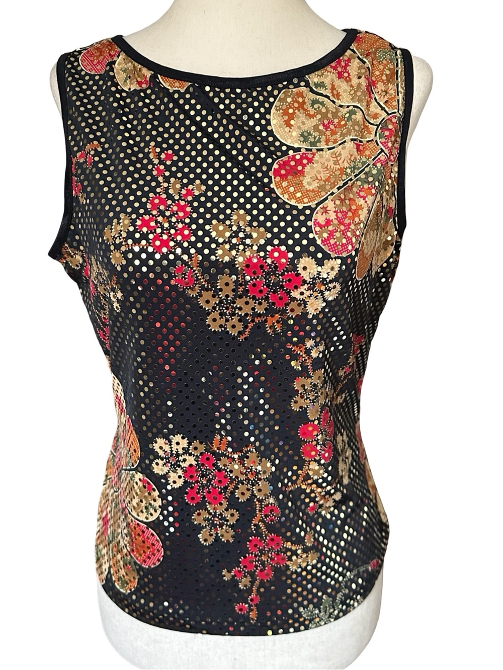 Vintage Y2K Black floral shiny stretch tank top with polka dots and sequins